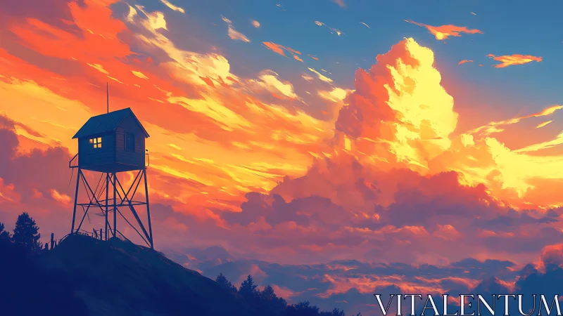 Elevated wooden watchtower silhouetted against saturated volumetric sunset sky