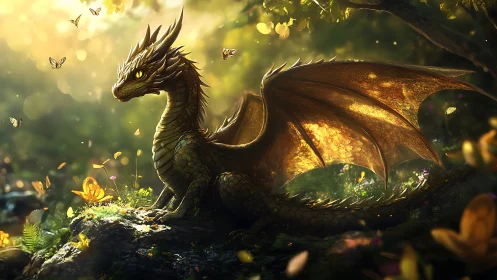 Golden forest dragon resting amid sunlit butterflies.