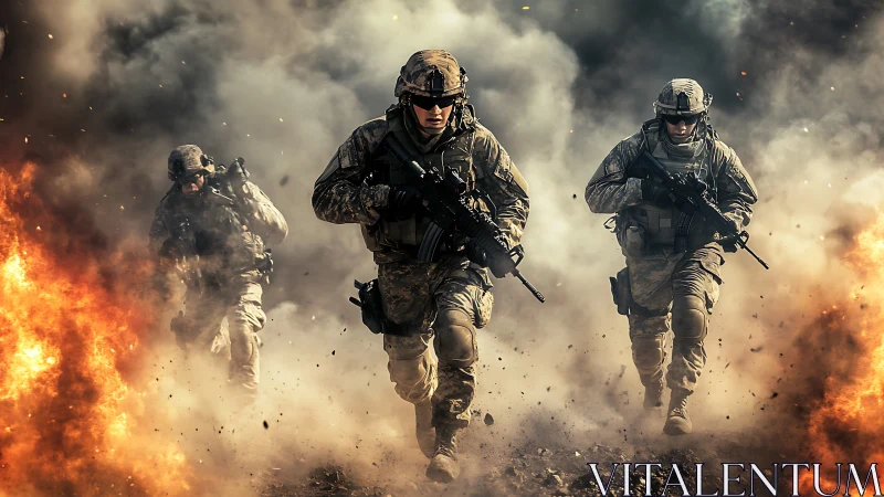 Three tactical soldiers advance through explosions in combat