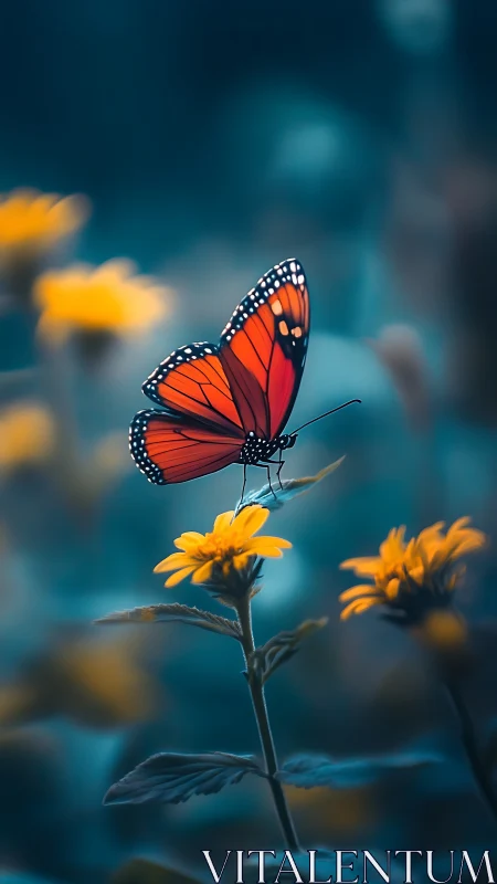 Orange butterfly rests on yellow flower in soft blue light
