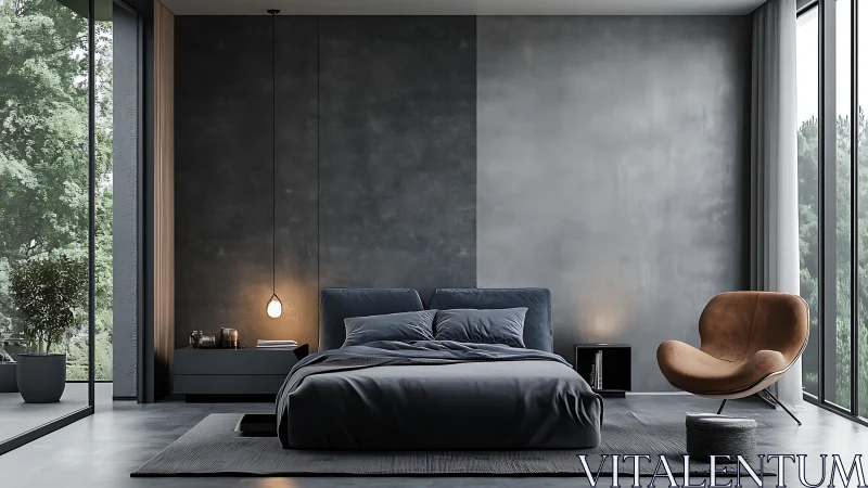 Modern minimal bedroom with large windows and gray palette.