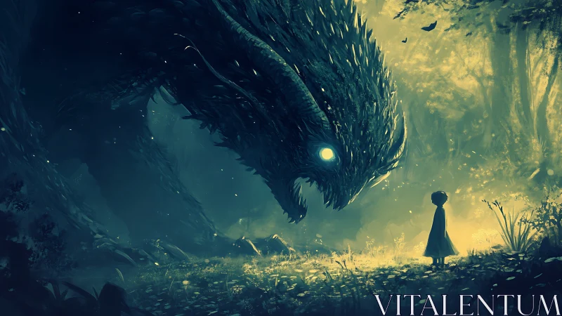 Child confronts glowing eyed forest beast in misty glade