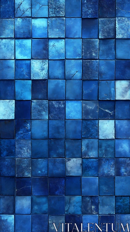 Dense blue ceramic tile grid shows textured glazing variations