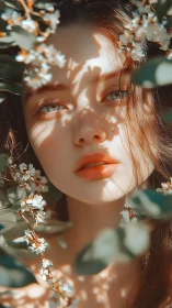 Soft sunlight portrait framed by delicate spring blossoms.