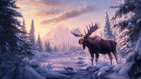 Bull moose stands in snowy river under pastel winter sunrise