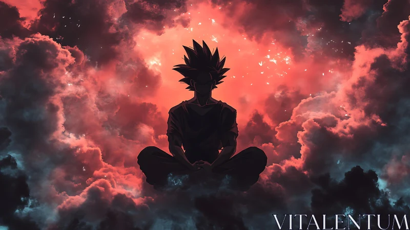 Stormlit warrior meditates in a burning halo of cosmic clouds