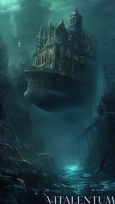 Floating fortress above flooded ravine in teal light.