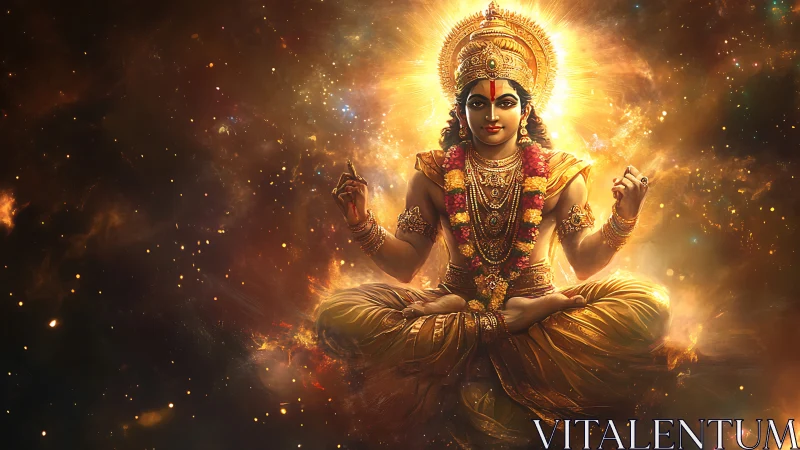 Radiant cosmic deity seated in golden meditative calm.