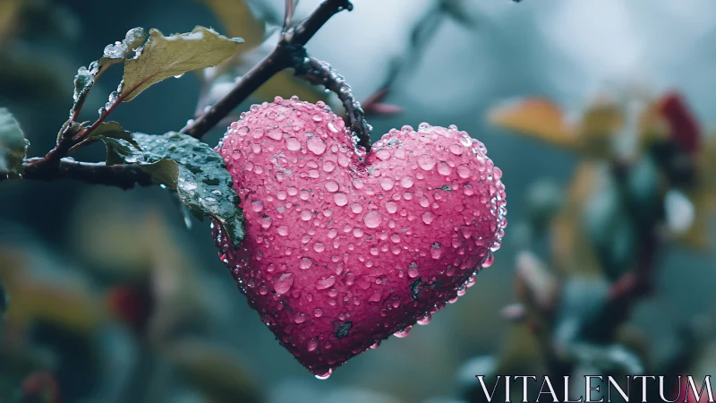 Rain-covered raspberries on frost-laden branch