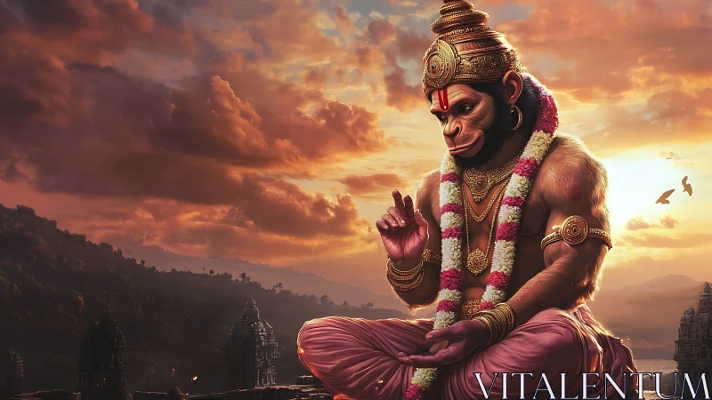 Divine simian deity in sunset-lit temple valley landscape.
