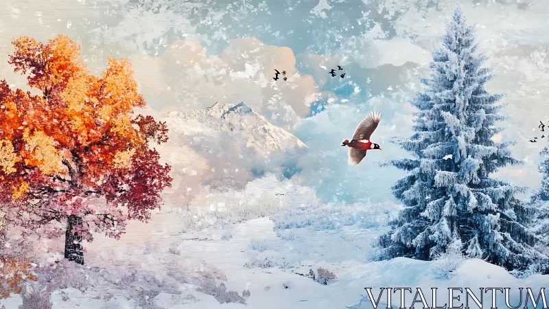 Cozy autumn meets winter wonder in a dreamy mountain scene.
