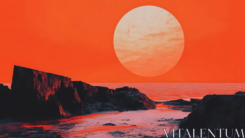 Crimson shorelines bask beneath a colossal molten sun.