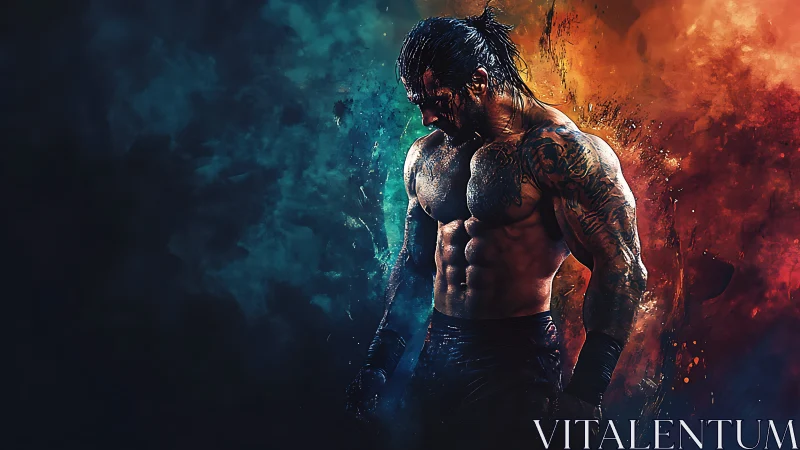 Tattooed muscular male figure with dual color smoke backdrop.