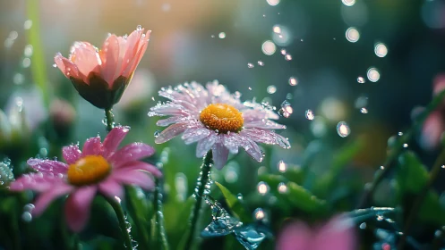 Pink daisies in fresh rain with bright water droplets.