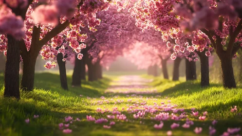 Sunlit cherry blossom path inviting a quiet spring wander.