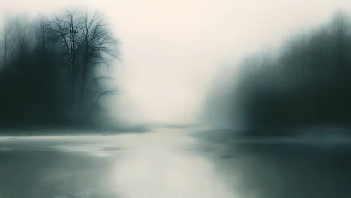 Foggy river bend with bare winter trees in soft light.