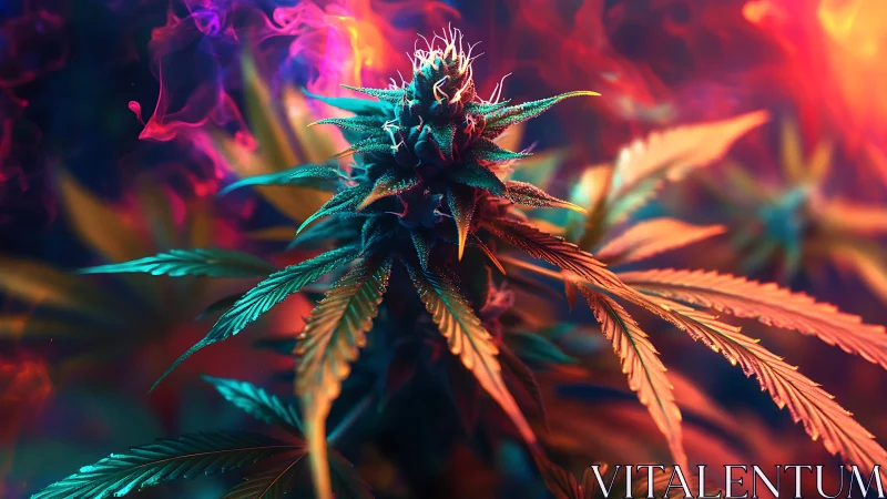 Radiant cannabis blossom glows in vivid neon dreamlight