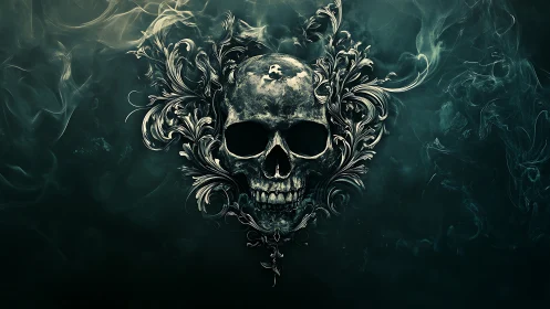 Baroque skull emerges from swirling emerald smoke in darkness