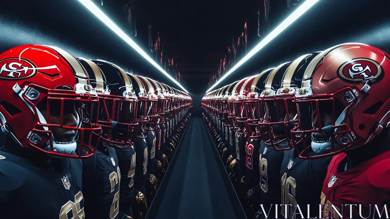 Symmetrical corridor lineup of opposing gridiron helmet rows.