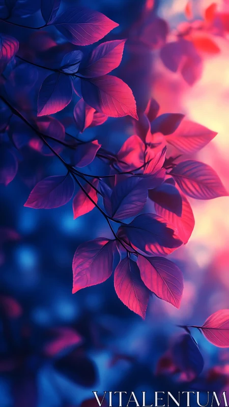 Digital branch with magenta leaves on blue blurred background.