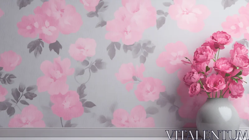 Soft pink peonies in vase against floral wallpaper backdrop.