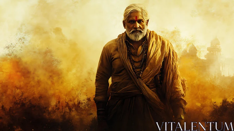 Fierce elder walks through golden dust with quiet strength.