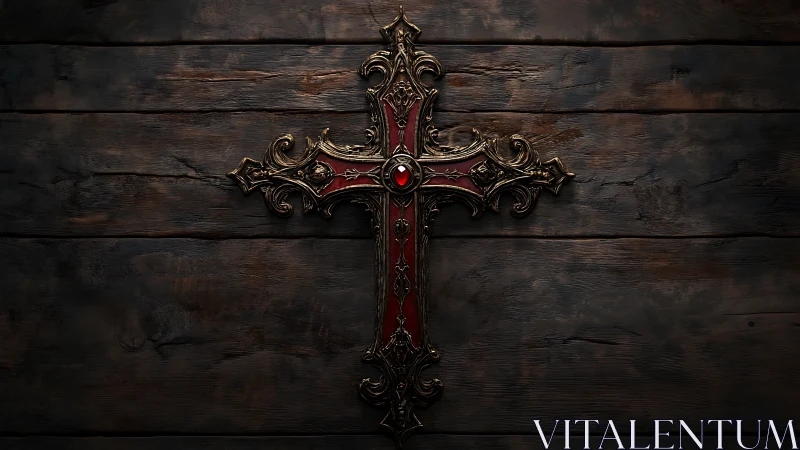Ornate crimson cross rests calmly on weathered wooden boards