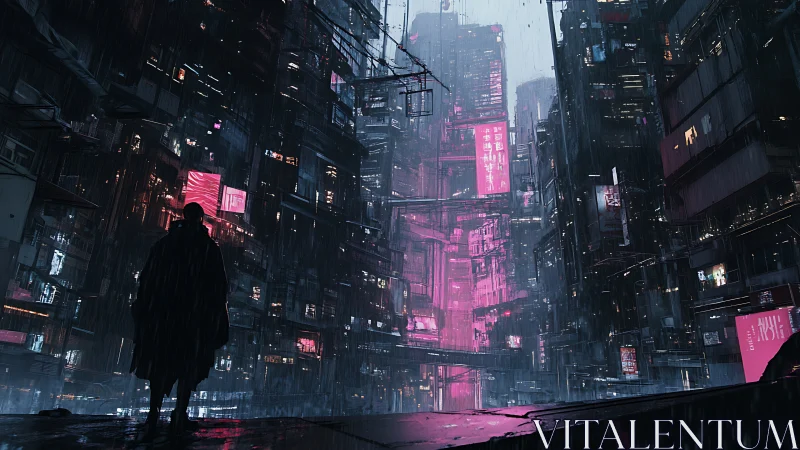 Lone silhouette surveys neon cyberpunk city in heavy rain