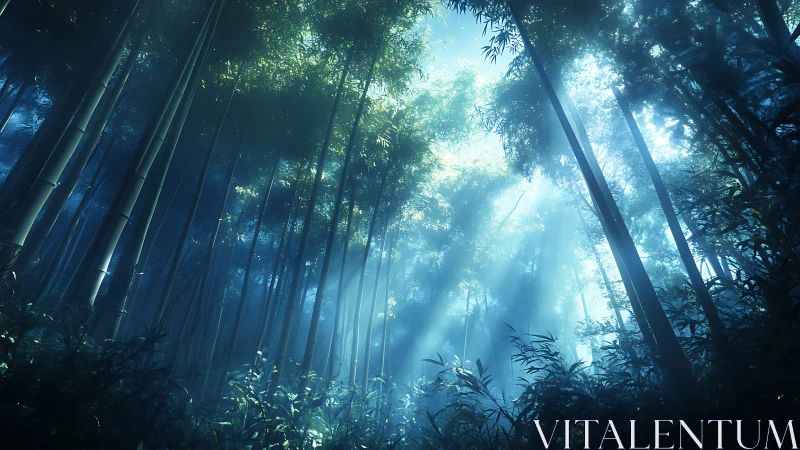 Misty Bamboo Grove Illuminated by Transcendent Sunlight Rays