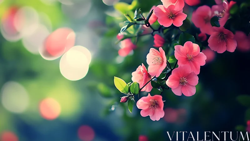 Pink flowering shrub with bokeh botanical composition.
