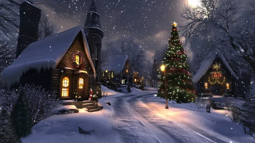 Moonlit village Christmas glow under drifting snowfall magic.
