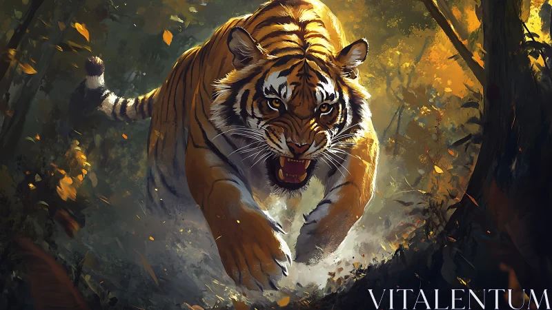 Kinetic jungle charge of a tiger rendered in digital chiaroscuro.