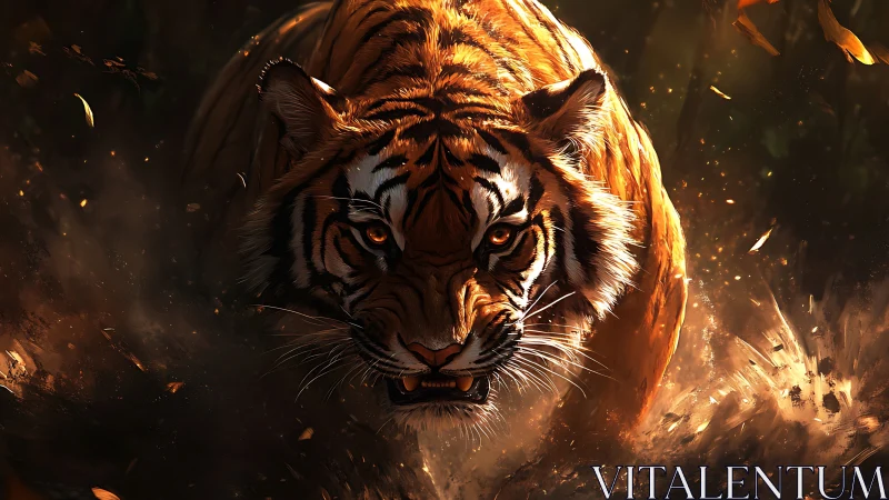 Predatory tiger bursting through embers in dusky jungle.