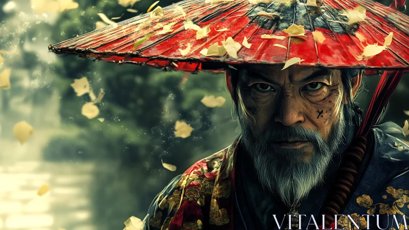 Stoic warrior elder under red lacquered kasa in leaf storm.