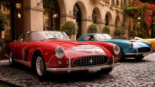 Vintage sports cars parked on cobblestone street courtyard