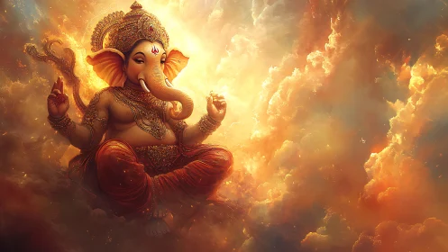 Divine elephant-headed deity seated in radiant clouds.