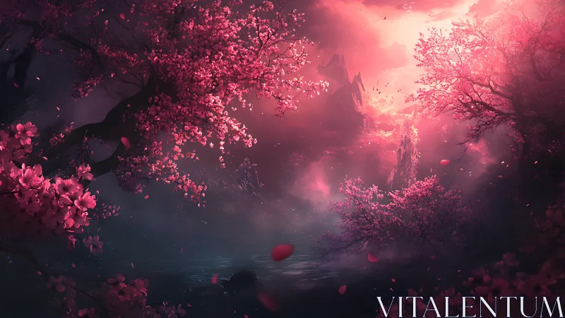 Crimson cherry blossom valley under luminous fantasy sky.