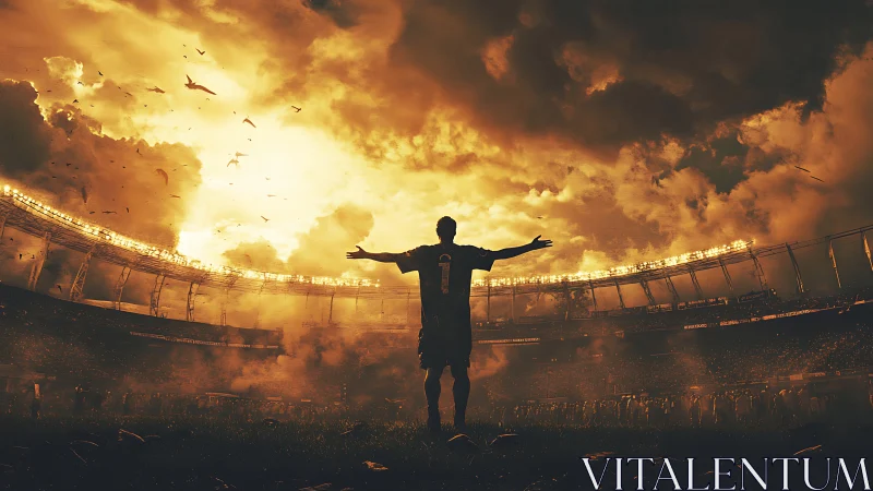 Lone footballer celebrates beneath blazing storm-lit sky.