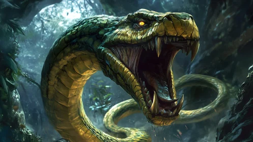 Jungle thunder serpent roaring through emerald shadowed ruin.