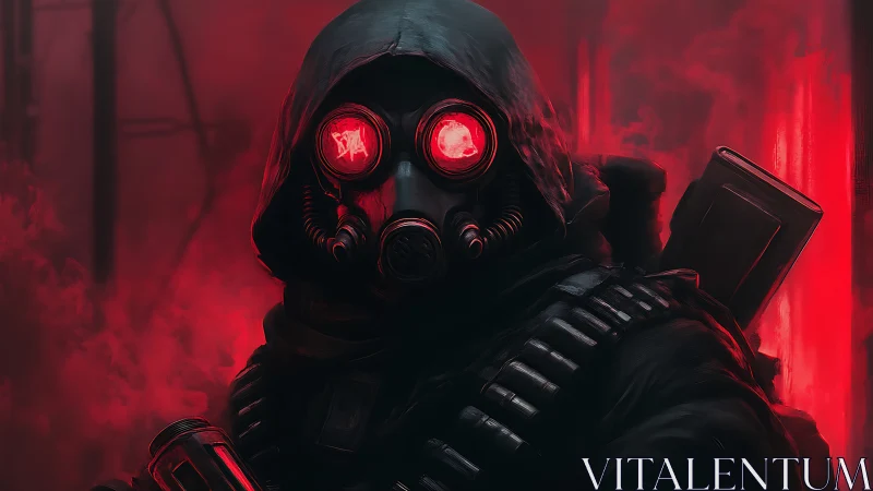 Tactical respirator operative in red-luminescent toxic haze.
