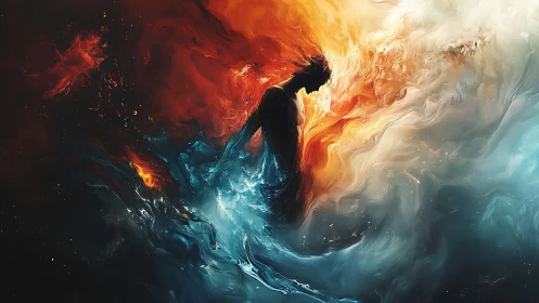 Celestial figure forged in colliding tides of fire and ocean.