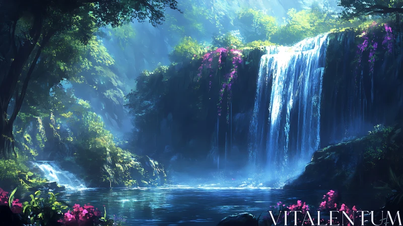 Luminous forest cascade renders atmospheric depth and misty light