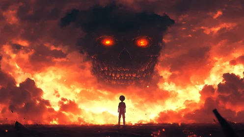 Child of embers facing a colossal skull in burning sky.