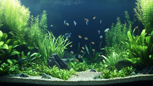 Planted freshwater aquarium with schooling tropical fish.