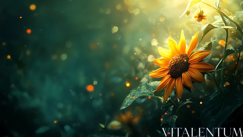 Sunflower glows in golden light amid dreamy forest haze.