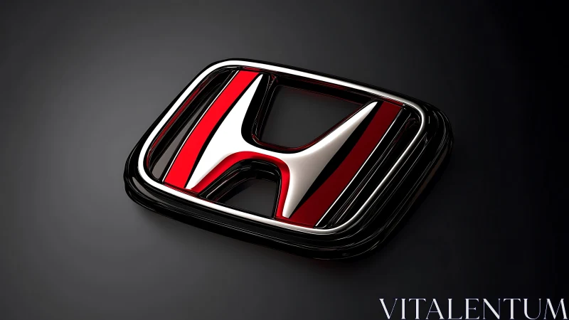 Chromed red emblem is presented on a dark gradient background