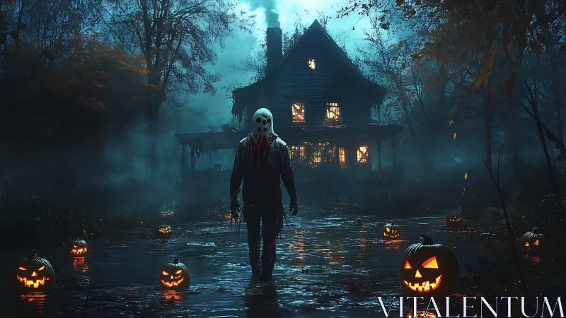 Spooky masked wanderer crossing a glowing jack o’ lantern swamp.