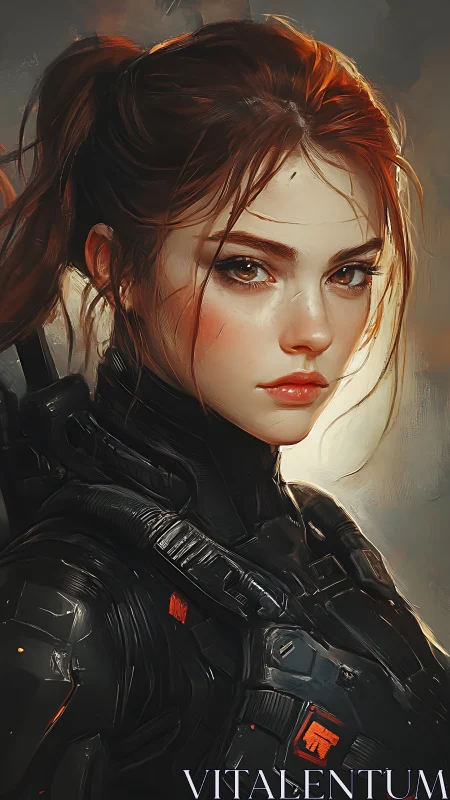 Armored female operative rendered in semi-realistic digital painting