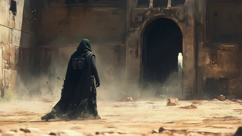 Cloaked wanderer breaching dust-choked gateway of ruins.