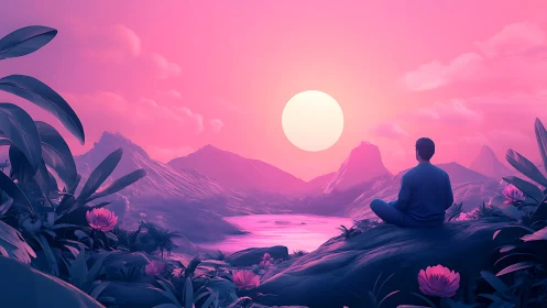 Solitary figure observing stylized sunset over valley.